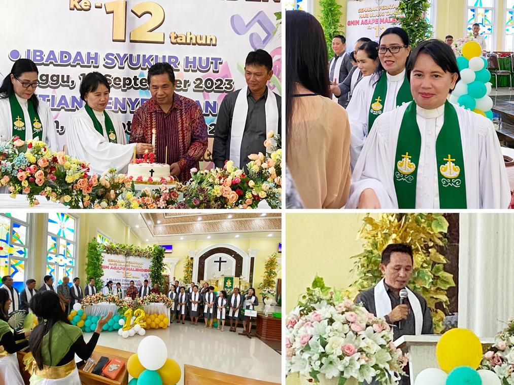 FOTO 1: Prosesi penyalaan lilin ulang tahun oleh Daniel Mewengkang mewakili Gubernur Olly, Pdt Olvy Wollah, Mth dan Pdt Yolanda Kasenda, STh. Penatua Alfa Mawitjere saat mengurai sejarah gereja.