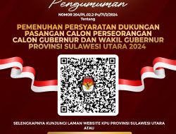 Pengumuman Pemenuhan Persyaratan Dukungan Pasangan Calon Perseorangan Calon Gubernur dan Wakil Gubernur Provinsi Sulawesi Utara Tahun 2024