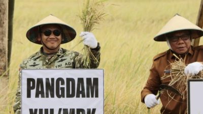 Pangdam XIII/Merdeka Mayjen TNI Mirza Agus, S.I.P., menghadiri Panen Raya Padi Serentak Program Ketahanan Pangan TNI di Desa Tapadaka Timur, Kecamatan Dumoga, Kabupaten Bolaang Mongondow, Selasa (14/7/2026).